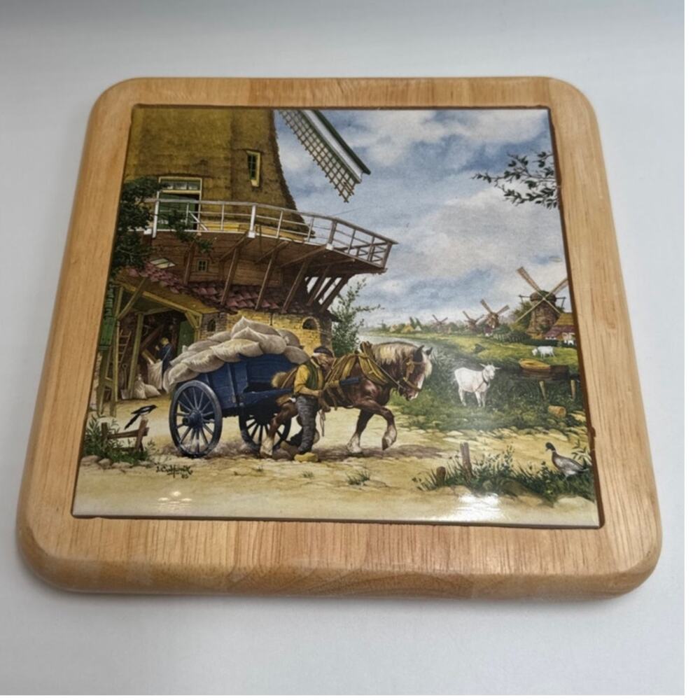Decorative Wood Trivet Horse Carriage Country Scene Wall Decor
